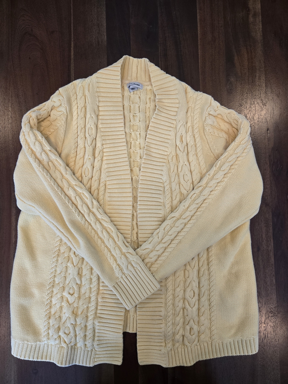 Classic L.L. Bean 100% Cotton Butter Yellow Cable-Knit Shawl Collar Cardigan